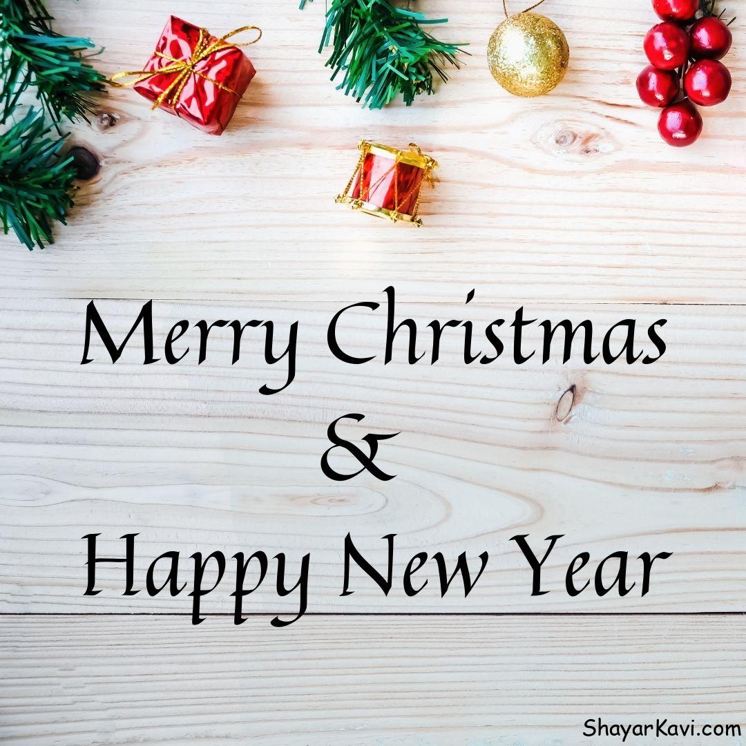 Merry Christmas and Happy New Year decoration items on wooden table