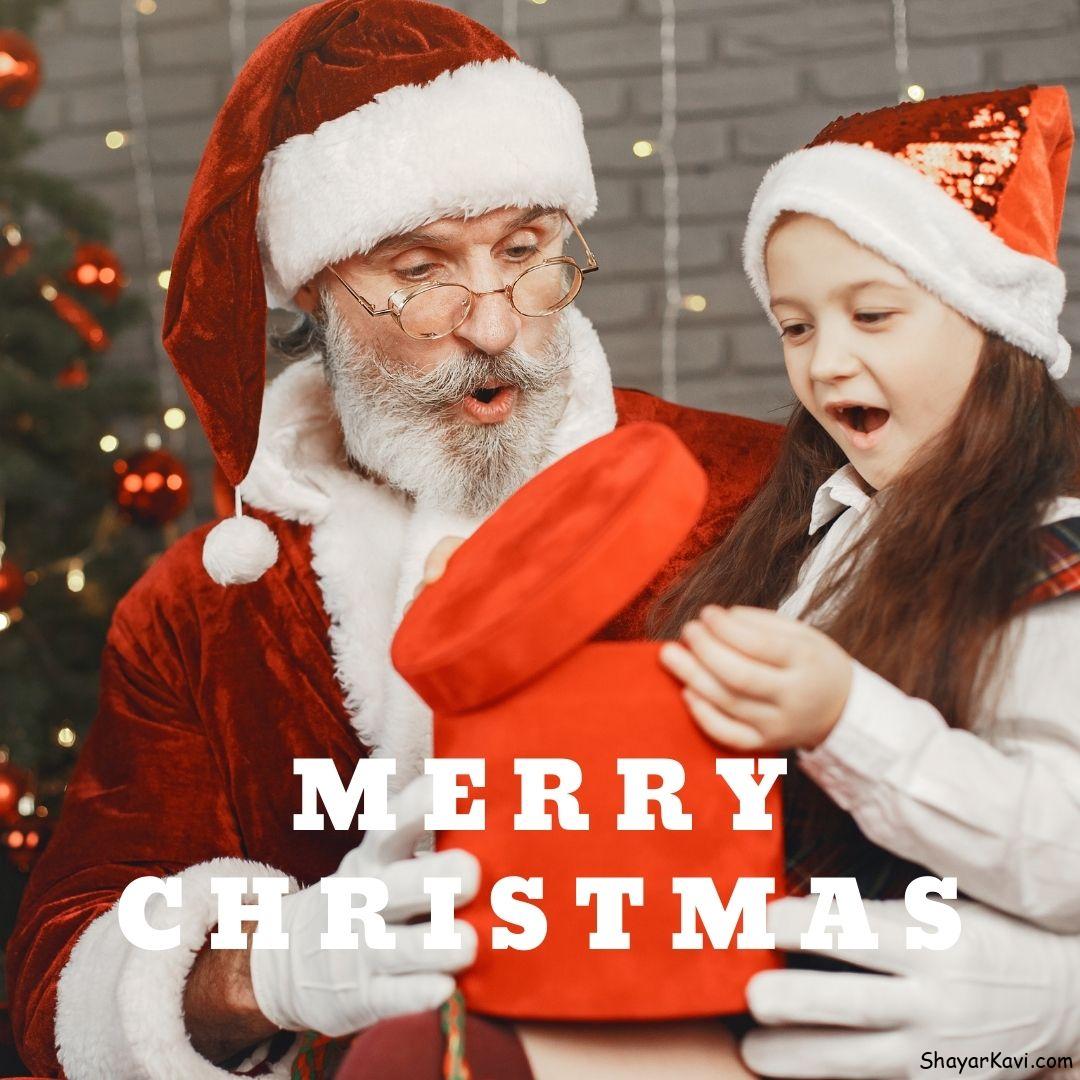 Merry Christmas and Santa Giving Gift to Pretty Girl