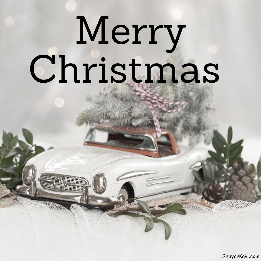 Merry Christmas and decorated white car