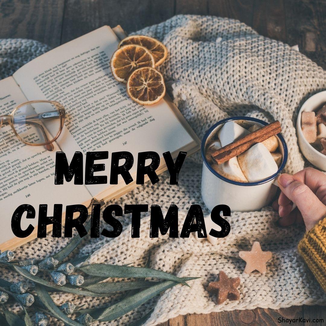 Merry Christmas with a book, spectacle and cup